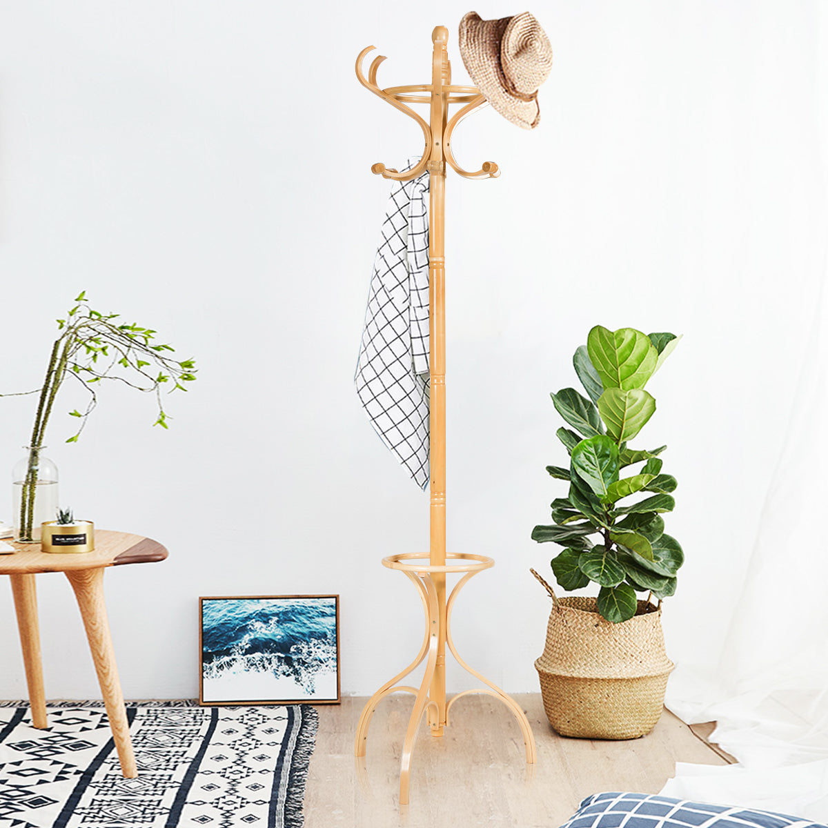 NNECW Practical Birch Coat Stand with 360Rotating Top Tier for Hat & Jacket Oak
