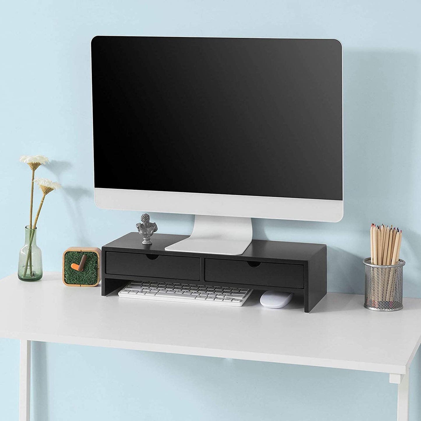 NNEDSZ Black Monitor Stand Desk Organizer with 2 Drawers