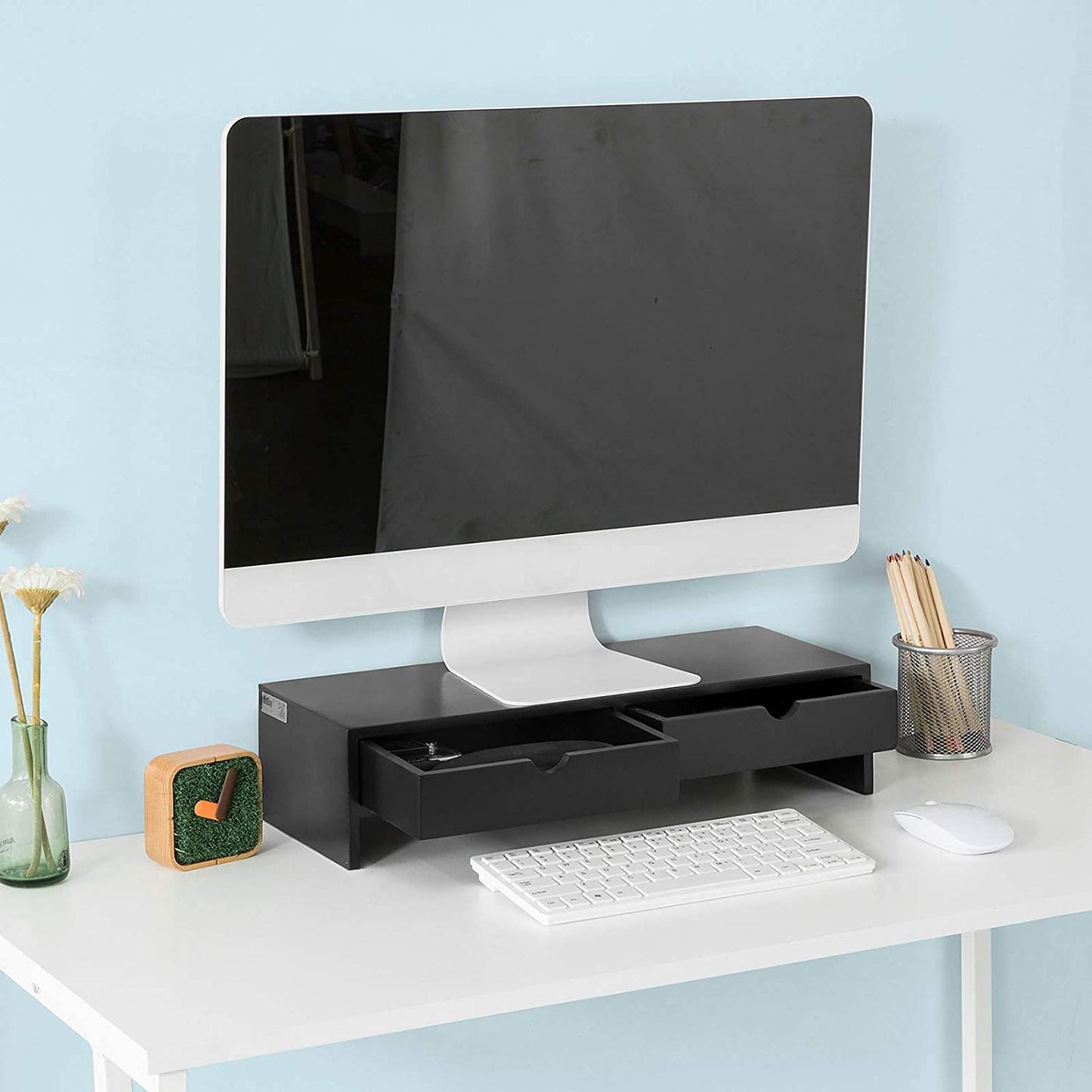 NNEDSZ Black Monitor Stand Desk Organizer with 2 Drawers