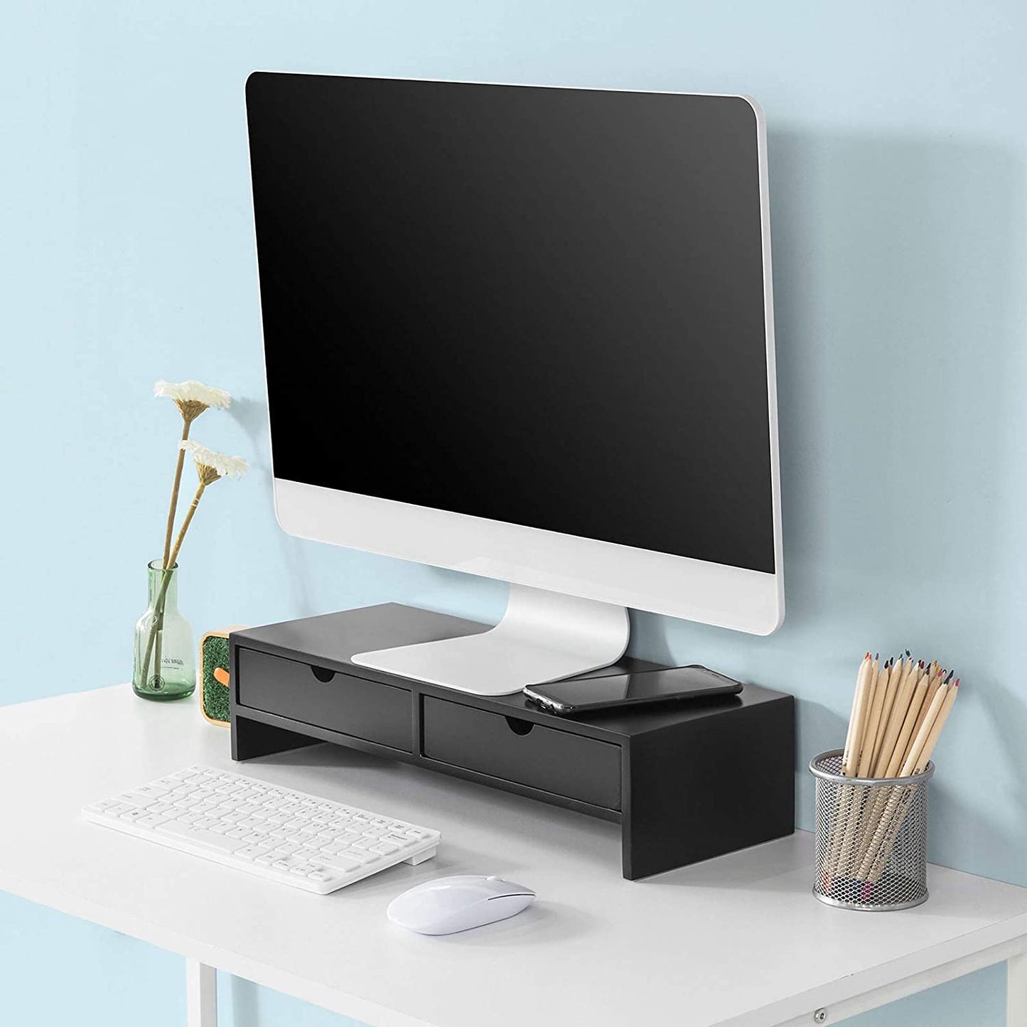 NNEDSZ Black Monitor Stand Desk Organizer with 2 Drawers